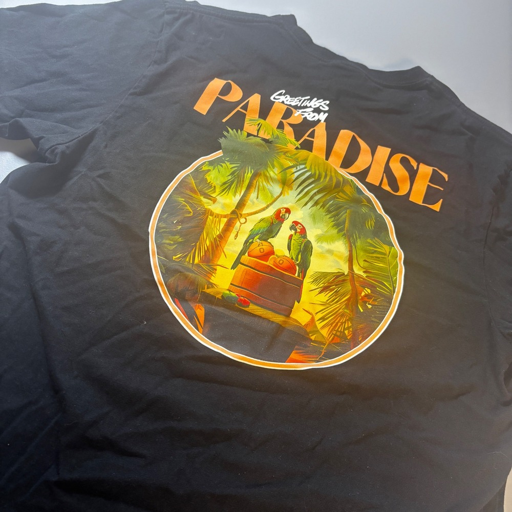 Overtime Greetings From Paradise Parrot Palm Graphic Print Black T-Shirt